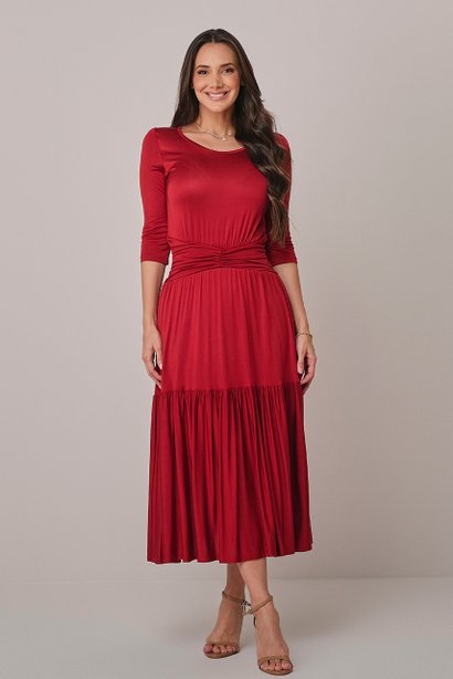 Vestido Vermelho Maxi Midi com Drapeado na Cintura Bela Tatá Martello