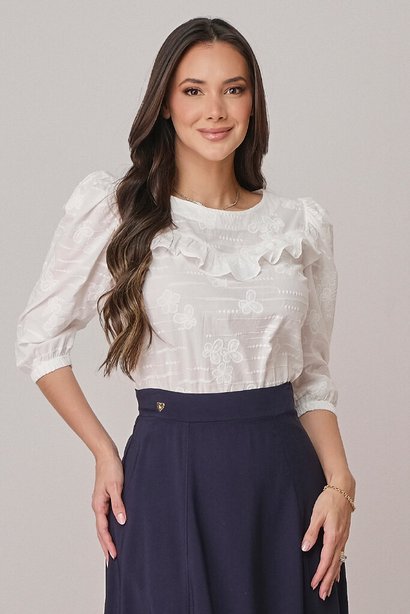 Blusa Manga 3/4 em Bordado Fiorella Tata Martello